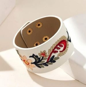 2 for $22🌺 White Faux Leather Embroidered Floral Wide Bracelet Adjustable